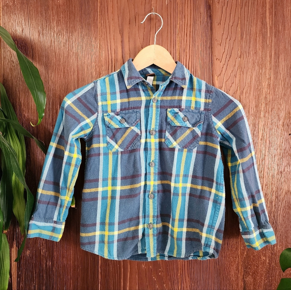 Tea Boys Blue Cotton Plaid Flannel Button Down Shirt Boys Size  7